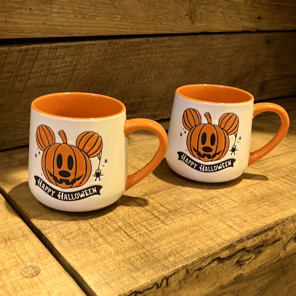Set of TWO large Disney Mickey Mouse Halloween pumpkin mugs - new!